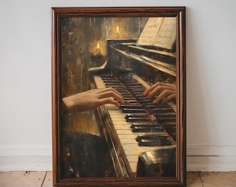Pintura al óleo de piano vintage, decoración de música clásica, lámina de piano de cola vintage, elegante obra de arte de pared de jazz a la luz de las velas para el hogar, regalo para músicos