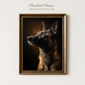 May include: A framed print of a dog with dark fur and amber eyes, set against a dark background. The text "Sundried Season HIGH QUALITY WALL ART" is visible at the top of the frame. The artwork is in a wooden frame.