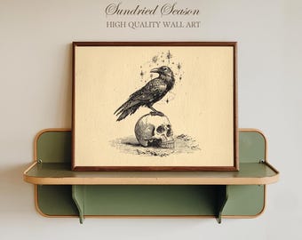 Raven on Skull Vintage Engraving Art Print, Gothic Occult Symbol