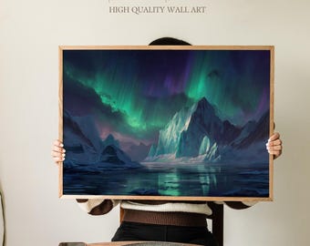 May include: Wooden framed wall art featuring a landscape with mountains, a lake, and an aurora borealis. The artwork displays vibrant green and purple hues in the sky, with the text "Sundried Season HIGH QUALITY WALL ART".
