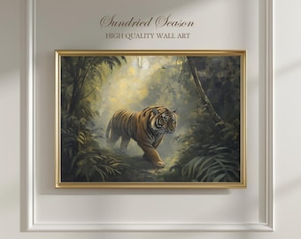 Pintura vintage de tigre de Bengala, lámina clásica de arte de grandes felinos, decoración para el hogar o la oficina con animales salvajes de la selva tropical, arte mural de feroces depredadores.