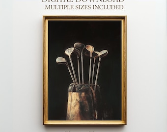 Vintage golfclubs digitale download, klassieke golftaskunst, rustiek sportdecor, cadeau golfliefhebber, afdrukbare golfer kunst aan de muur voor man Cave