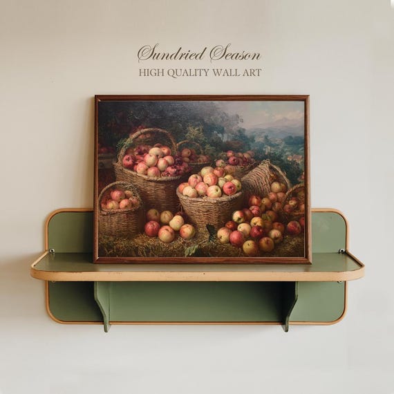 秋の果樹園のリンゴバスケットの絵画プリント、秋の赤と緑の果物の収穫