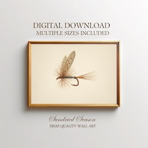 May include: Framed print featuring a detailed illustration of a fishing fly. The fly is depicted with brown and tan feathers and a curved hook. The print is in a gold frame and includes the text "DIGITAL DOWNLOAD MULTIPLE SIZES INCLUDED" and "Sundried Season HIGH QUALITY WALL ART."