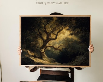 Ancient Twisted Oak in Sunlit Forest Painting Print, Magical Woodland Glow, Atmospheric Nature Landscape Wall Art for Cozy Home Spaces