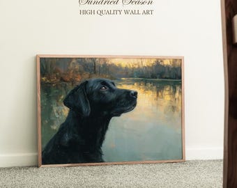 Black Lab Dog Wall Art, Peaceful Autumn Lake Scene, Thoughtful Gift for Dog Lover, Rustic Animal Print for Cabin, Office or Living Room
