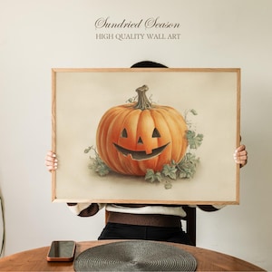 Stampa artistica di zucca Jack-o'-Lantern vintage, antica opera d'arte autunnale di zucca di Halloween, decorazione murale rustica autunnale per casa o cucina stagionale.