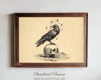 Raven on Skull Vintage Engraving Art Print, Gothic Occult Symbol