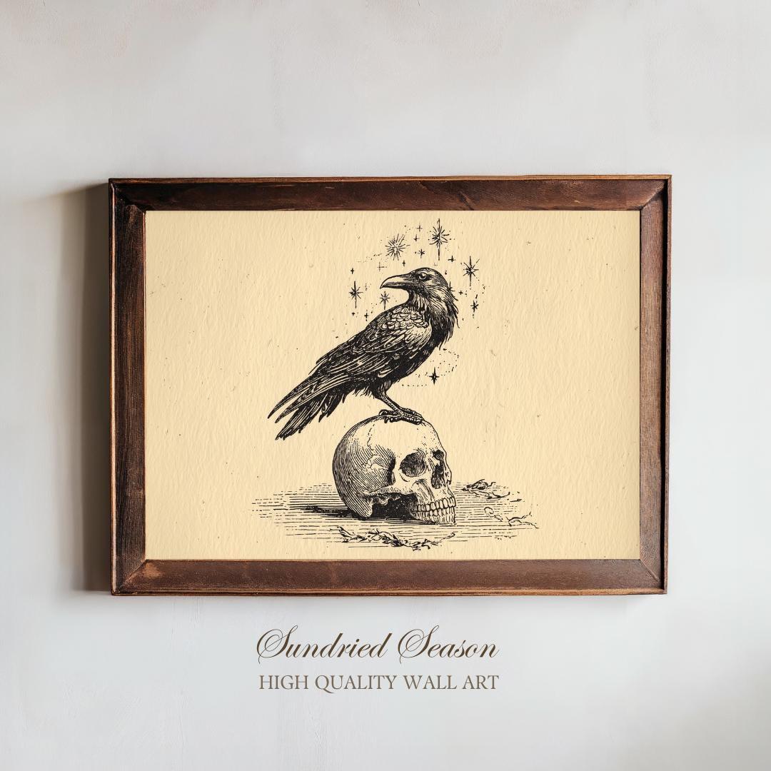 デスコア The Raven Autarchy / 3枚セット サイン入り Raven on Skull Vintage Engraving Art Print, Gothic Occult Symbol