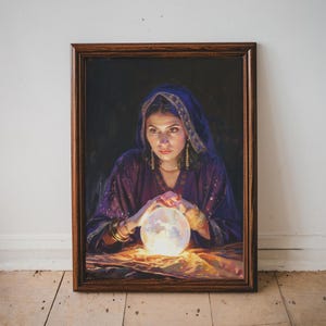 Impresión artística de adivina mística vintage, pintura de bola de cristal, decoración de pared psíquica encantadora, póster espiritual, obra de arte estética de brujas
