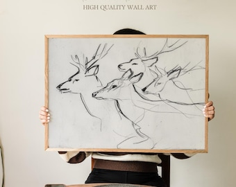 Running Deer Charcoal Sketch Print, Expressive Gestural Stag Line Drawing, Minimalist Wildlife Art for Living Room or Bedroom Wall Decor