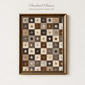 May include: A framed wall art print with a checkerboard pattern of squares in shades of brown, beige, and black. Each square features a star design. The frame is a dark brown color, and the text "Sundried Season HIGH QUALITY WALL ART" is at the top.