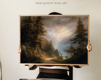May include: A framed landscape painting with a wooden frame. The artwork depicts a mountain scene with a path, trees, and a body of water. The text "Sundried Season HIGH QUALITY WALL ART" is at the top.