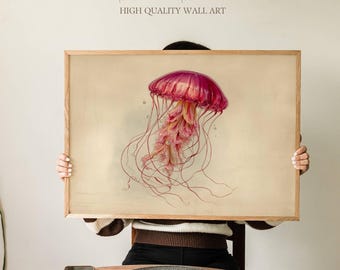 Vintage kwallen kunstprint, roze zeedier wetenschappelijke illustratie, oceaan zeeleven muur decor, kust badkamer of strandhuis cadeau