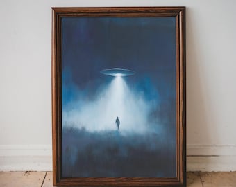 Vintage UFO Abduction Art Print Alien Encounter Poster, Mysterious Sci-Fi Landscape, Extraterrestrial Artwork, Dark Paranormal Home Decor