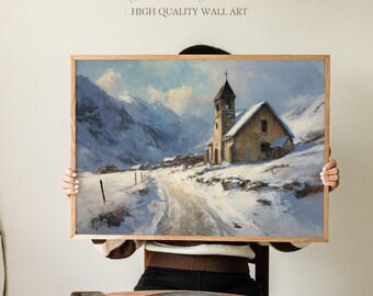 Rustikale Bergkirche im Winterlandschaftsdruck, friedliche schneebedeckte Kapelle, gemütliche alpine Wandkunst für Landhaus oder nordischen Hüttendekor