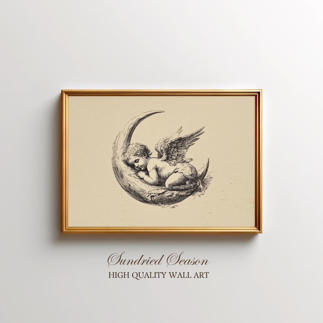 Vintage Cherub on Crescent Moon Art Print, Sleeping Angel