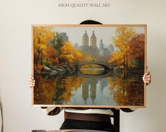 Central Park NYC Autumn Art Print, Bow Bridge and New York Skyline Painting, Romantic Fall City Landscape Poster for Living Room or Office