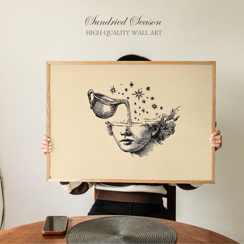 Aquarius Zodiac Art Print, Surreal Astrology Water Bearer Illustration, Celestial Head Pouring Stars, Boho Magical Wall Decor for Home Space image 4