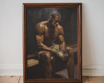 Pode incluir: Pintura emoldurada de um boxeador em um ambiente escuro. A obra retrata um homem musculoso, sem camisa, usando luvas de boxe, sentado em um banco. A moldura é de madeira escura e a pintura tem um estilo realista.