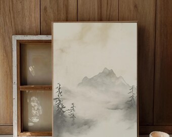 Minimalistischer Bergnebel Kunstdruck, Zen Ink Wash Landschaft, ruhige einfarbige Naturwanddekoration für ruhige Wohn- und Büroräume