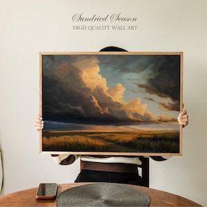 Golden Prairie Storm Clouds Art Print, Dramatic Sunset Sky Over Fields, Atmospheric Landscape Wall Decor for Rustic Home or Office Painting
