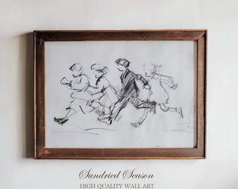 Playing Children Sketch Art Print, Expressive Charcoal Line Drawing of Running Figures, Vintage Minimalist Decor, Nursery or Playroom Wall