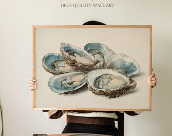 Elegante lámina artística de concha de ostra azul, decoración de pared para cocina costera, ilustración náutica de mariscos, comedor de casa de playa, hogar con temática oceánica