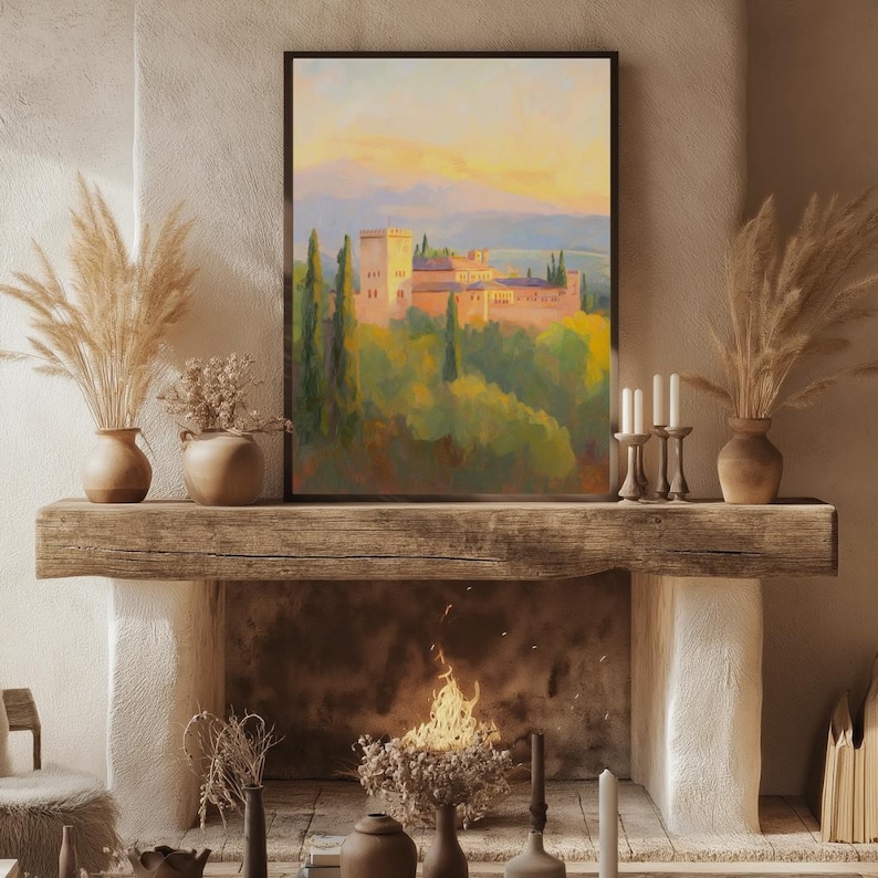 Alhambra Palace Sunset Art Print, Romantic Moorish Architecture Painting, Warm Granada Landscape Wall Decor for Living Room or Study image 8