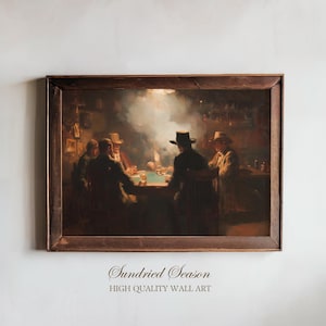 Impresión artística vintage de juego de póker occidental, escena de mesa de juego de cartas de salón ahumado, decoración clásica de pared de bar de vaqueros para cueva de hombre, oficina o sala de juegos