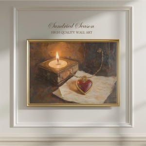 Póster romántico vintage de naturaleza muerta, medallón de corazón y pintura de vela, impresión artística de carta de amor antigua, decoración de pared con un cálido y nostálgico regalo de San Valentín