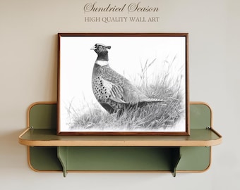 Lámina artística con dibujo a lápiz de un faisán, decoración de pared con motivos de aves de caza para cazadores, póster rústico de fauna silvestre para cabaña de caza o casa de campo.