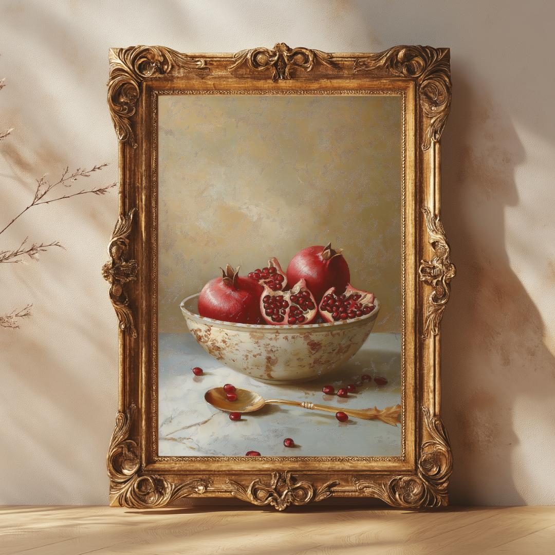 ザクロの静物画ポスター、クラシックなフルーツボウルの絵画