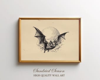 ヴィンテージ風コウモリのイラストアートプリント、満月を背景にした
