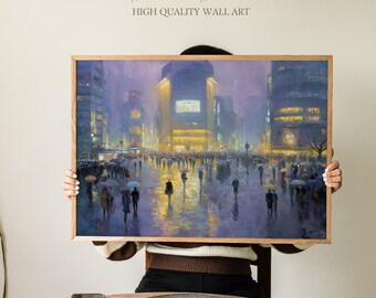 Grafika artystyczna „Shibuya Crossing Tokyo”, neonowy pejzaż miejski w deszczową noc, żywa, współczesna dekoracja miejska w stylu japońskim do biura lub japońskiego domu