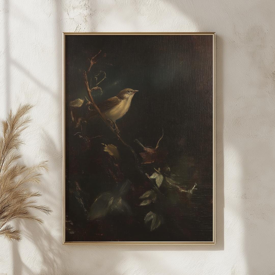 Vintage Nightingale Oil Painting, Dark Baroque Bird Art Print, Moody Nature Still Life Wall Decor, Classical Animal Decor for Office & Home