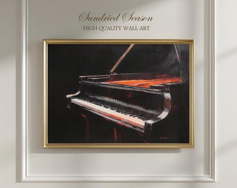 ダークグランドピアノの絵画、ドラマチックな素朴な音楽の壁アート