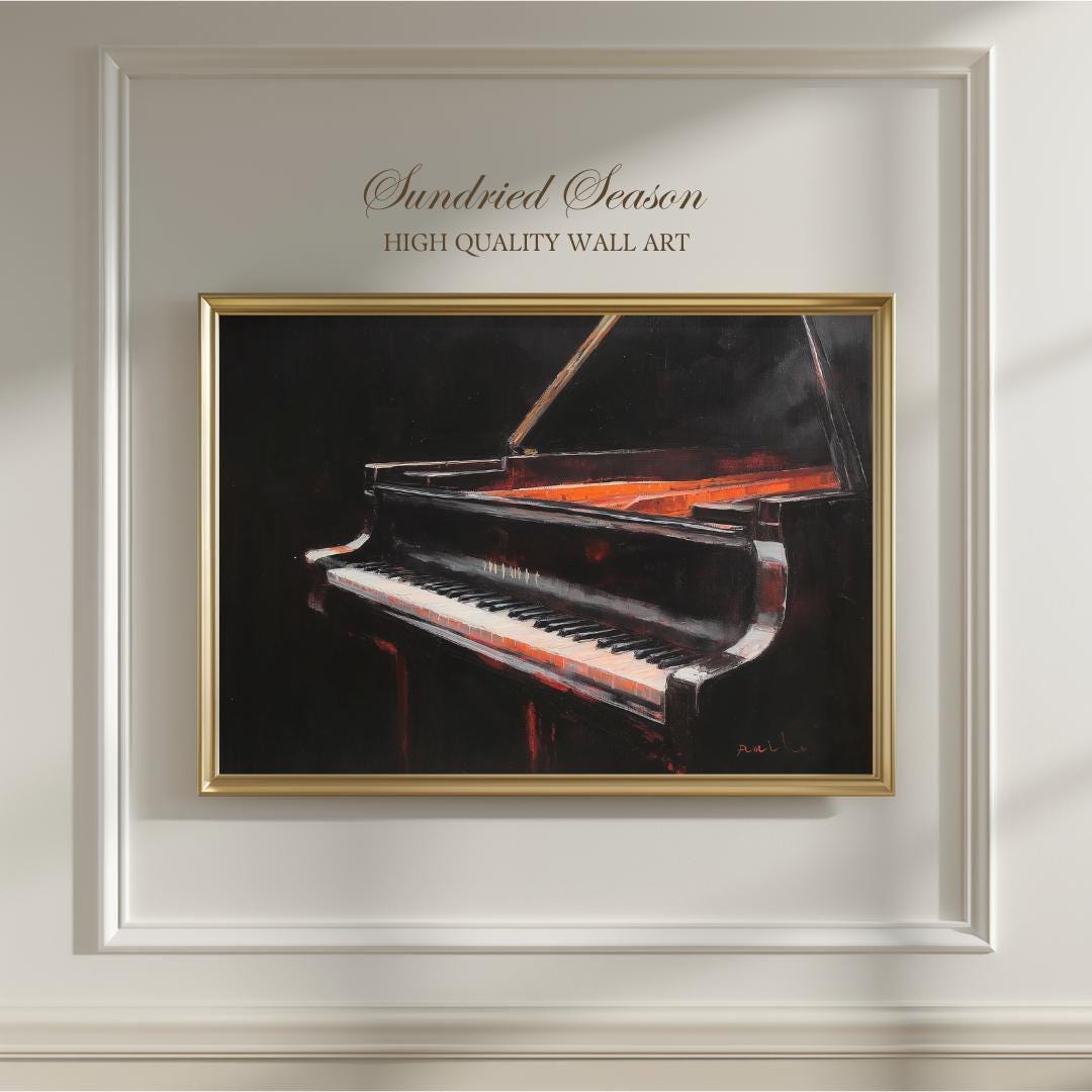 【直筆サイン入】Andrew Cowley 版画 ピアノ 絵画 音楽 インテリア ダークグランドピアノの絵画、ドラマチックな素朴な音楽の壁アート