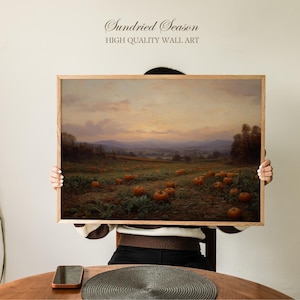 Vintage Pumpkin Patch Art Print, Golden Hour Fall Landscape Poster, Cozy Rustic Autumn Decor for Home, Farmhouse, Kitchen Gallery Wall Print