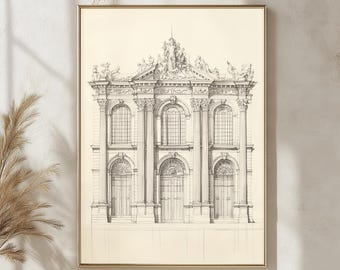 Szkic architektoniczny Pałacu w Wersalu, elegancki rysunek fasady w stylu barokowym, dekoracja ścienna przedstawiająca zabytkowy francuski zabytek do domu i biura