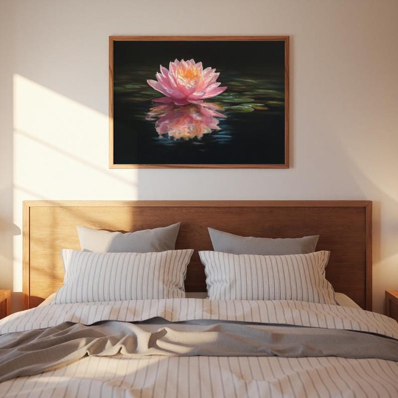 Pink Lotus Flower Pond Art Print, Tranquil Zen Water Lily Wall Decor ...