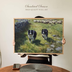 May include: Wooden framed wall art featuring a pastoral scene with two black and white border collies in a grassy field. The artwork also depicts a flock of sheep and a stone wall. The text "Sundried Season HIGH QUALITY WALL ART" is at the top.