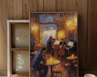 May include: An oil painting depicts a jazz club scene with musicians playing instruments. The artwork features warm tones of orange and brown, with figures seated at tables. A candle sits in the foreground, and a wooden frame surrounds the painting.