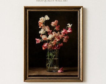 Vintage Sweet Pea Flower Art Print, Romantic Botanical Still Life Poster, Soft Pink & White Floral Wall Decor, Bedroom or Cottagecore Home
