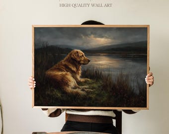 Golden Retriever Wall Art Print, Scottish Loch & Highland Glen Landscape, Wildlife Painting, Moody Dog Portrait Decor for Living Room Wall