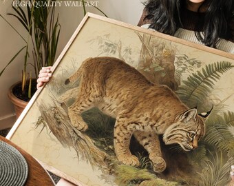 Vintage Bobcat Wildlife Art Print, Natural History Forest Illustration, Rustic Wild Cat Wall Decor for Cabin, Lodge or Earthy Woodland Room