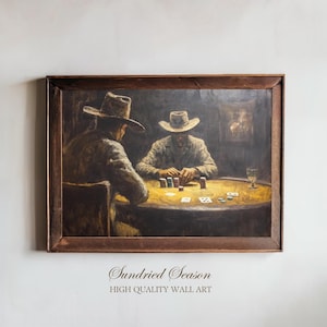impression d'art vintage scène de poker western, peinture dramatique de jeu de cartes de cow-boy, décoration murale de salon rustique pour bar, bureau et salle de jeux