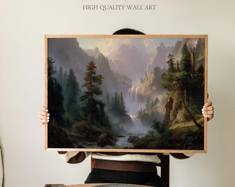 May include: A framed landscape art print featuring a waterfall cascading through a mountain valley. The artwork is in a wooden frame and displays a scenic view of a forest with a river. The text "Sundried Season HIGH QUALITY WALL ART" is at the top.
