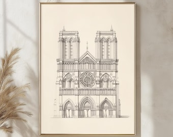Notre Dame Cathedral Sketch Print, Paris Architecture Drawing, Gothic Landmark Illustration, Vintage French Wall Art for Home & Office