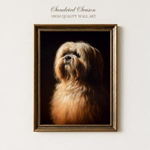 May include: A framed portrait of a light brown dog with long fur against a dark backdrop. The dog has a long beard and a focused expression. The frame is a dark brown colour, and the text "Sundried Season HIGH QUALITY WALL ART" is at the top.